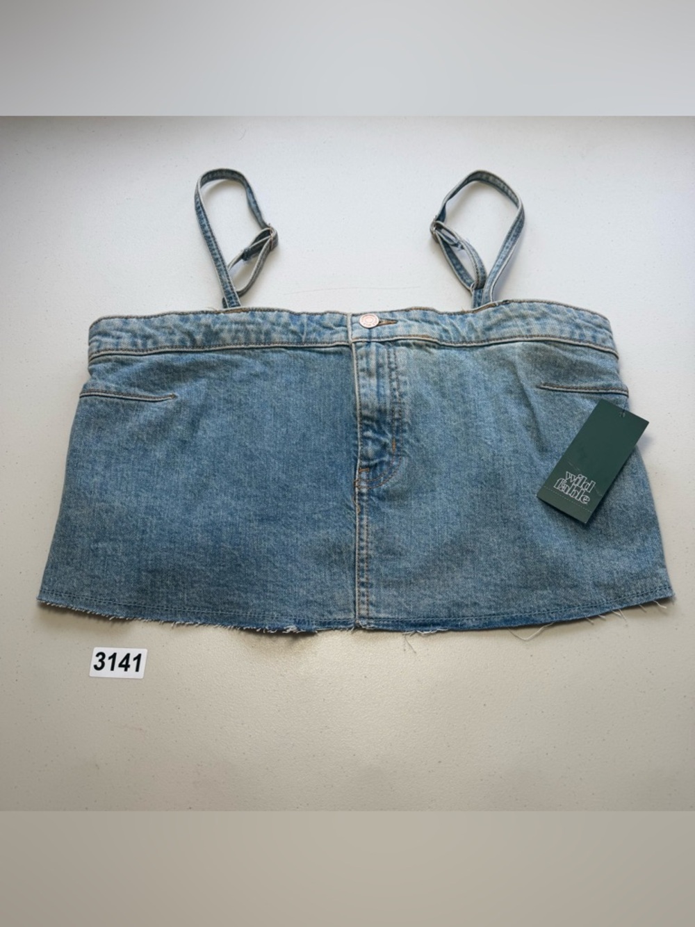 Wild Fable Reworked Denim Crop Top Adjustable Strap Cami Zip Fly Raw Hem Blue M